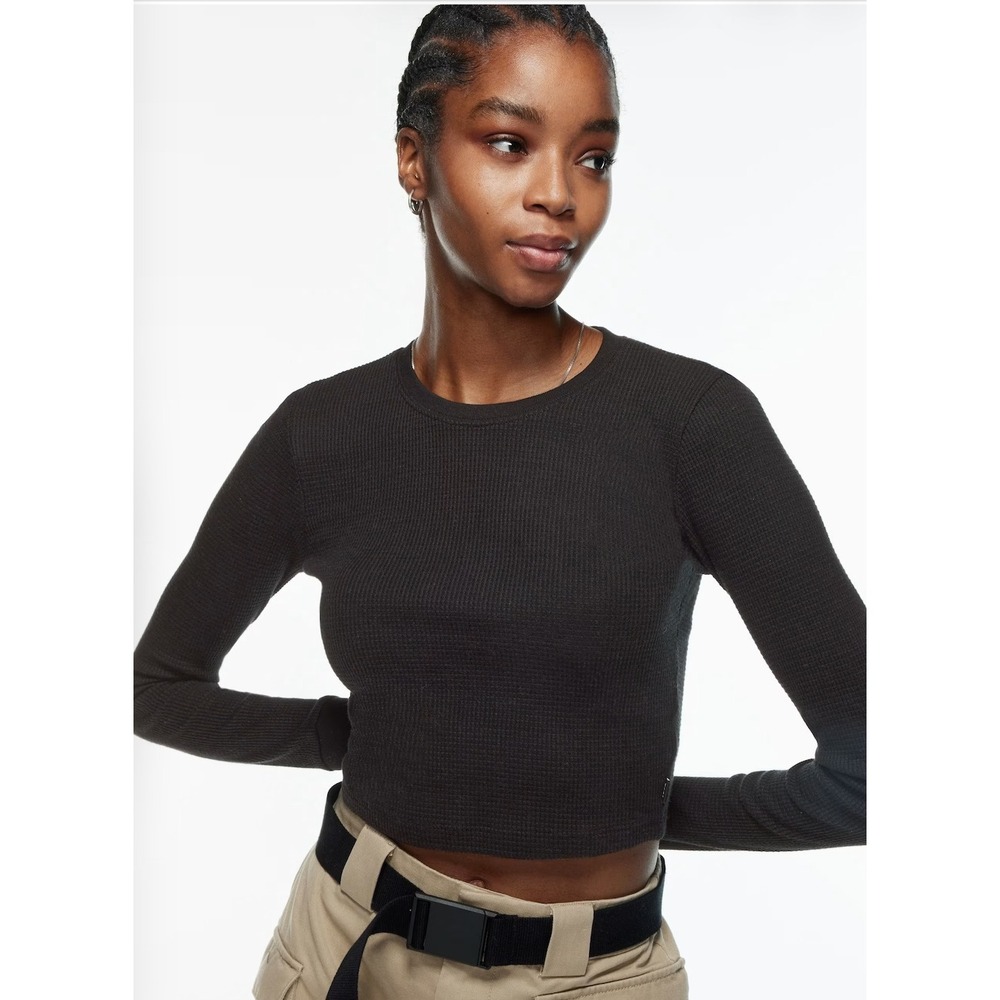 Aritzia TNA Waffle Knit Long Sleeve Crop Women Medium Black Crewneck Top